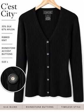 C’est City Silk Blend Black Ribbed Cardigan Rhinestone Buttons Size L